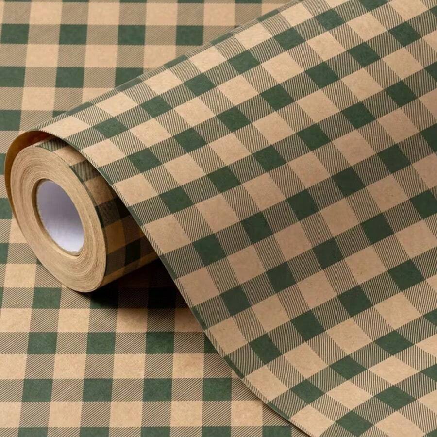 Cuộn giấy gói quà giấy kraft họa tiết caro trâu xanh, phong cách mộc mạc, giấy gói quà Giáng sinh, sinh nhật, ngày lễ, đồ thủ công DIY, hộp quà, đóng gói hoa và gói quà tiệc - Xem 1