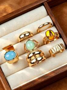 Set de 20/13/6 piezas de anillos vintage elegantes bohemios para mujer, joyería de dedo con gemas de colores irregulares y piedra de ojo de gato, para uso diario, fiesta, vacaciones y regalo - Dorado - Ver 13