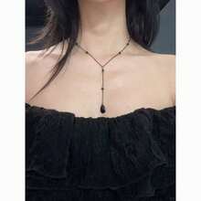 1pc Gothic Style Black Water Drop Y-Shaped Necklace, Gothic Decadent Adjustable Lasso Necklace, Black Crystal Beaded Collarbone Chain, Women's Y2K Dark Style Jewelry, Suitable For Daily Wear, Party, Date, Halloween And Gothic Theme Events, Perfect Birthday And Valentine's Day Gift - Black - View 2