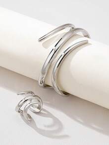 1 Set (1 pieza Pulsera de línea geométrica dorada y 1 pieza Anillo grueso de línea geométrica) - Plateado - Ver 5