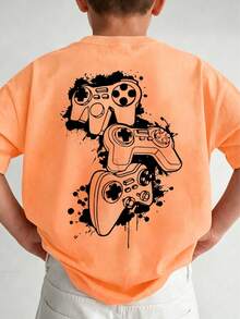 1 buah Kaos Lengan Pendek Bergambar Video Game untuk Anak Laki-laki Remaja, Atasan Musim Panas untuk Siswa Muda - Jeruk - View 1