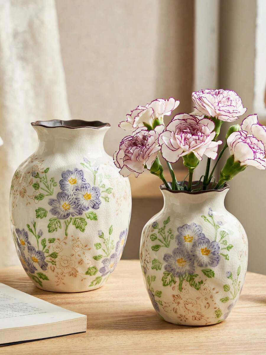 1pc Handmade Vintage Ceramic Vase With Violet Floral Pattern, Crackle Glaze Hand Painted Flower Vase, French Country Cottage Style Home Decor, Rustic Table Centerpiece For Living Room, Dining Table, Shelf, Bedroom, Wedding Gift, Housewarming Gift, Ra