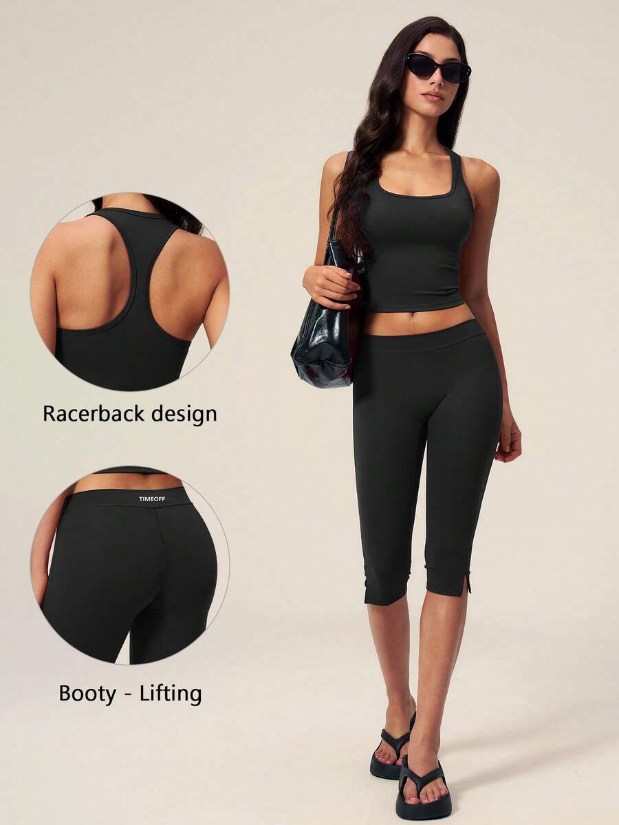 TimeOff Women's One Set Solid Color U-Neck Square Neck Tank Top And Side Slit Mid-Length Shorts Sports Set - Black - View 1