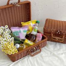 Woven Picnic Basket Handbag, Woven Storage Box With Handle, Wicker Lunch Box With Shoulder Strap And Metal Lock, Vintage Handbag Prop Box, Suitable For Travel, Camping, Picnic, Outdoor, Small - Brown - View 4