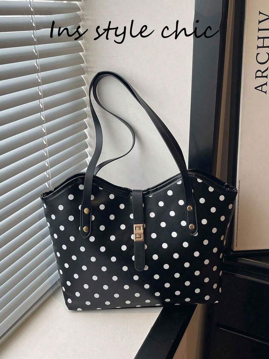Simple Polka Dot Pattern Large Tote Handbag, Adjustable Metal Lock Shoulder Bag Lightweight Portable Purse For Daily Casual Occasions - Black - View 1