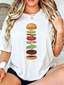 Fun Hamburger Decomposition Diagram Print Short-Sleeved Women's T-Shirt, Personalized Pattern Pure Short-Sleeved Fashionable And Versatile Top - style1 - 查看 1