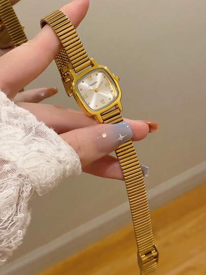 1pc Vintage Luxury Gold/Silver Color Elegant Quartz Bracelet Watch For Women, Fashionable Minimalist Design For Daily Wear, Birthday Gift
