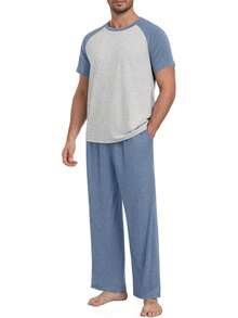 Men's Lightweight Pajama Set With Short Sleeve Top And Pants - Navy Blue-light Gray - View 4