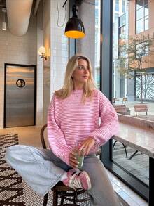 Women's Autumn/Winter Fashion Casual Youthful Color-Block Striped Soft Loose Knit Round Neck Pullover Sweater - Pink - View 2