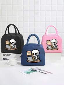 1 Pc, Creative Skeleton Pattern Printed Handbag, Large Capacity Handheld Lunch Box Bag, Suitable For Office Workers And Travel - one-size - View 2