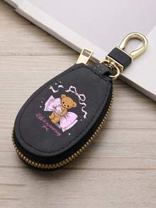 Car Key Case, Bear Print Key Holder, Pu Leather Key Pouch, Cute Bow Car Key Bag, Zipper Key Storage, Portable Car Key Case, Unisex Key Holder - Multicolor - View 16