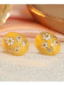 Gmzalx Minimalist Fresh Women's Oval Earrings With Small Flower Drop, Suitable For Daily Commute And Casual Travel - Yellow - View 5