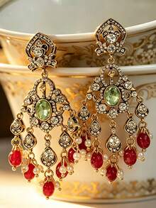 2pcs Vintage Court Style Women's Tassel Pendant Earrings, Inlaid With CZ, Suitable For Women's Party And Banquet Matching, Jewelry Gift - Multicolor - View 5
