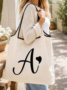 Sac cabas blanc à la mode avec initiale artistique A-Z noire, design avec bordure noire, matériau en taffetas enduit de polyester, sac de courses pliable et portable, sac cabas grande capacité pour femmes avec design facile à plier, convient pour un usage quotidien, les voyages, les vacances, l'école, la rentrée scolaire, le travail et les courses, chariot multifonctionnel, poignée robuste, cadeau pour la fête des enseignants, saison de la rentrée scolaire, fête de l'indépendance, voyage de vacances - Multicolore - Voir 6