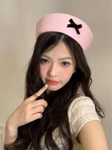 1pc New Bowknot Japanese Navy Style Outdoor Cute Sun Protection Hat Women's Summer Sunshade Sailor Cap Large Head Circumference Octagonal Beret - Multicolor - View 3