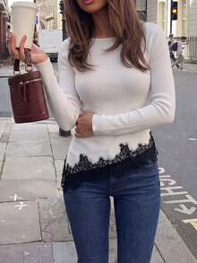 Women's Boat Neck Long Sleeve Contrast Lace Hem Slim Fit Elegant Sweater - White - View 6