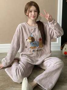 Cartoon Dog Embroidery Flannel Pajama Set, Long Sleeve Top & Wide Leg Pants Loungewear, Winter Clothes For Women, Cozy Warm Sleepwear,Outfit Vacation - Mauve Purple - View 6