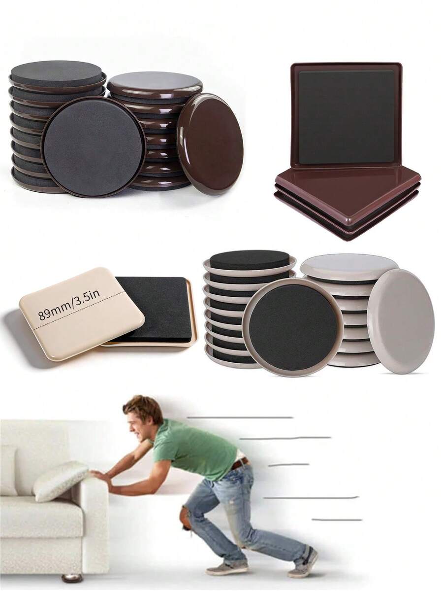 4pcs 3.5 Inch Square & Round Furniture Sliders, Large Furniture Moving Pads For Carpet, Reusable, Suitable For Hardwood Floors, Sofa Bed, Sofa, Chair, Refrigerator, Heavy Duty Easy Move