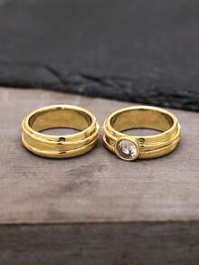 2件組浪漫立方鋯石戒指套組，女款，婚禮、訂婚、派對珠寶，情人節禮物 - 金黃色 - 查看 6