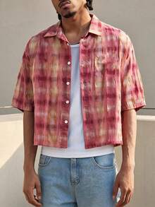 Men's Pink Plaid Drop Shoulder Cropped Shirt, Casual Loose Short Sleeve Textured Button Up Shirt With Chest Pocket - Red - View 1