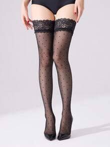 20D/70D 1 Paar Damen Spitzen rutschfeste Silikon elastische atmungsaktive transparente Valentinstag limitierte sexy elegante Spitzen Mode Overknee Socken (Polka Dot/Rücknaht Jacquard), mit rutschfestem Silikon, sexy rutschfeste enge Socken, schlankmachende vielseitige Socken, geeignet für Party, Urlaub, Alltag - Schwarz - Übersicht 9