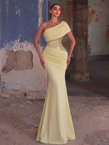 Elegant Women's Long Mermaid Skirt, Asymmetric Neckline, Cold Shoulder Design, Draped Sequin Details Yellow Wedding Party Fall - Yellow - View 2