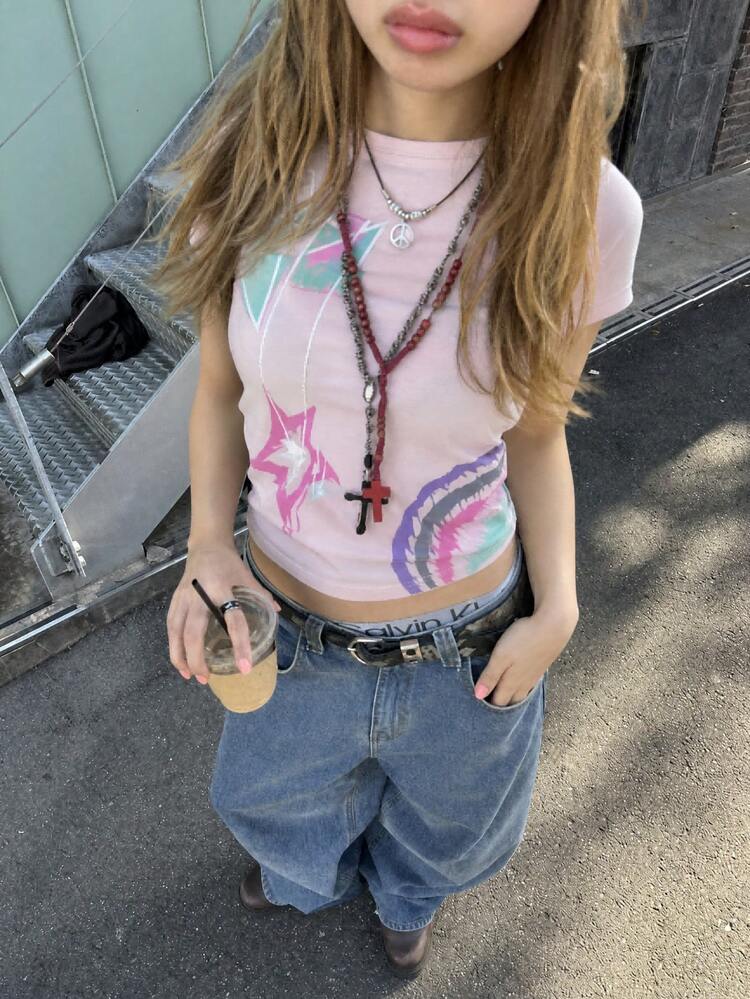 Y2K辣妹風復古短袖修身顯瘦紮染圖案印花短版上衣女款 - 粉色 - 查看 1