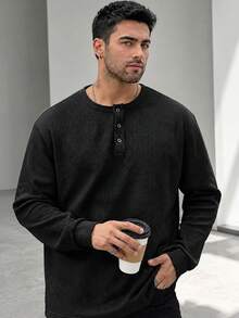 1pc Men's Henley Neck Waffle Knit T-Shirt, Waffle Fabric, Comfortable Casual, Henley Collar, Easy To Wear, Button Detail, Suitable For Daily Wear, Old Money Style - Black - View 2
