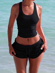 Unadoll Women Fall Black Casual Sporty Two‑Piece Set, Ribbed Racerback Crop Tank & Drawstring Shorts For Back To School, Sports & Daily Wear - Black - View 8