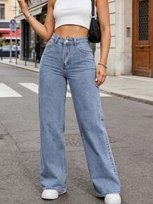 Pantalones vaqueros rectos elásticos para mujer, cómodos y holgados, confeccionados en tejido vaquero resistente, adecuados para estilos informales y urbanos. - 2039 azul - Ver 1