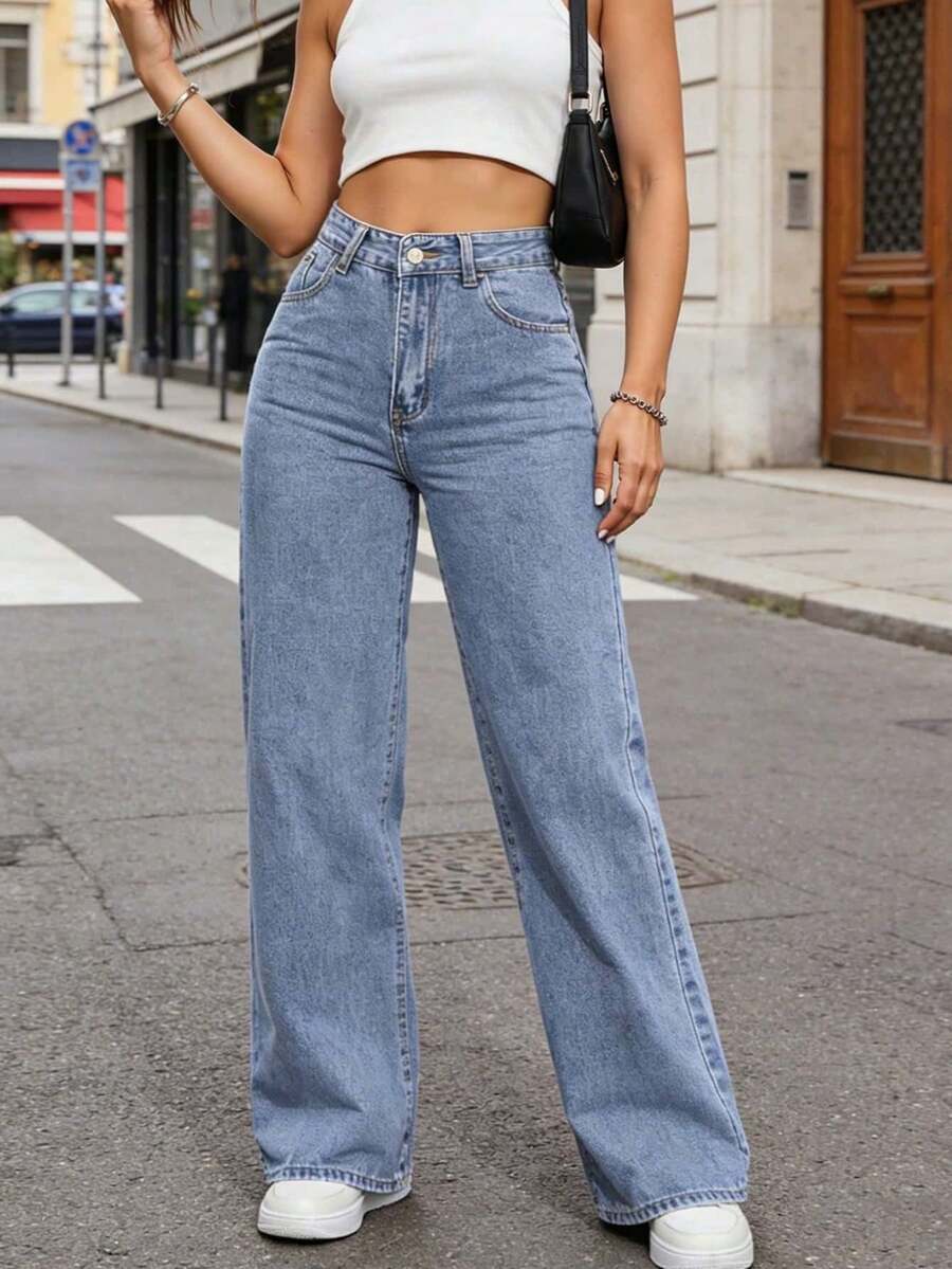 Pantalones vaqueros rectos elásticos para mujer, cómodos y holgados, confeccionados en tejido vaquero resistente, adecuados para estilos informales y urbanos. - 2039 azul - Ver 1