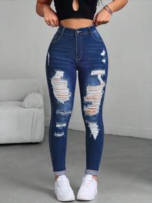 High Waist Slim Fit Distressed Jeans With Pockets And Zipper, Light Wash Cotton, Suitable For Spring And Autumn Daily Wear And Dating Vacation Casual - Deep Sea Blue - View 6