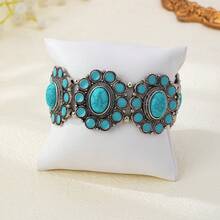 Bohemian Vintage Distressed Silver Turquoise Wide Bracelet, Multi-Layer Sunflower Inlaid Elastic Bangle - Turquoise - View 6