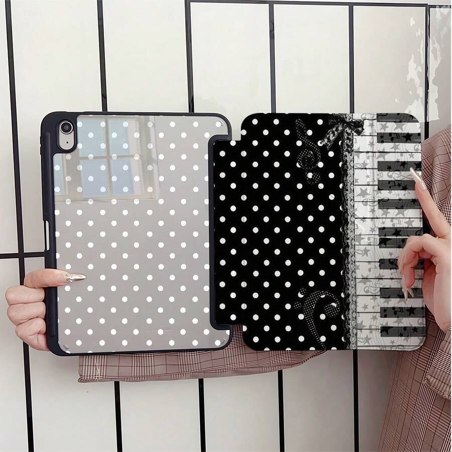 黑白波點鋼琴音符蕾絲印花平板保護殼，附筆槽，相容 iPad 10代 Smart Cover/11(A16 2025)/相容 Galaxy S9/S7/S10+/相容 /相容