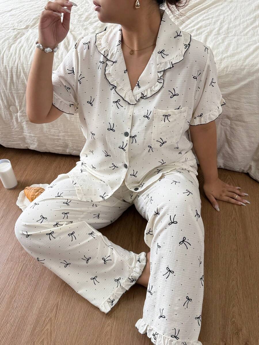 Women's Cute & Stylish Printed Soft Plus Size Pajama Set, Short Sleeve Button Collar Short Top & Long Pants, Soft Skin-Friendly Loungewear, Loose Slimming Fit, Machine Washable Easy Care, Simple Versatile Style For Home & Casual Wear, Suitable For Daily Outings - Multicolor - View 1