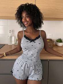 DAZY Women's Comfortable Bow Print Contrast Lace Camisole And Shorts Pajama Set, Summer - Grey - View 3