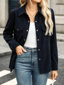 Women's Autumn/Winter Corduroy Solid Color Shirt - Navy Blue - View 4