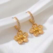 1 Pair Textured Floral Pendant Earrings, Elegant And Charming Ear Accessories Suitable For Weddings, Parties, Engagements, And Holiday Wear - Gold - View 2