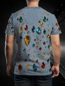 Faux Denim Colorful Gem Pattern Round Neck Short Sleeve, Light Denim Base With Full-Print Colorful Gemstone Graphic, Polka Dot Lines Outline Gemstone Contours, Overall Digital Print Delicate And Realistic, Summer Soft And Breathable Fabric, Loose Fit Suitable For Shopping, Dating And Various Casual Occasions - White - View 2