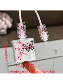 5pcs/Set Charger Cable Protector For IPhone17/16/15/14/13/12/11 Pro Max Charger Protective Shell - Pink White Cherry Blossom Branch/Pink Black Butterfly Pattern - Elegant Chinese Country Style, Compatible With Apple 20W Fast Charger And 18W Data Cable Protector, Anti-Break/Anti-Tangle/Anti-Damage, Gift For Friends - Cherry Blossoms and Butterflies - View 2