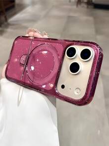 Luxury Cherry Red Sparkling Glitter Clear Magnetic Bracket Phone Case Compatible With IPhone 18Pro Max 17 Pro Max 17 Pro 17 16 Pro Max 16 Pro 16 15 Pro Max 15 Pro 15 14 Pro Max 14 Pro 14 13 Pro Max 13 Pro 13 Minimalist Transparent Shockproof Bumper Back Cover ﻿ - Cherry Red - View 1