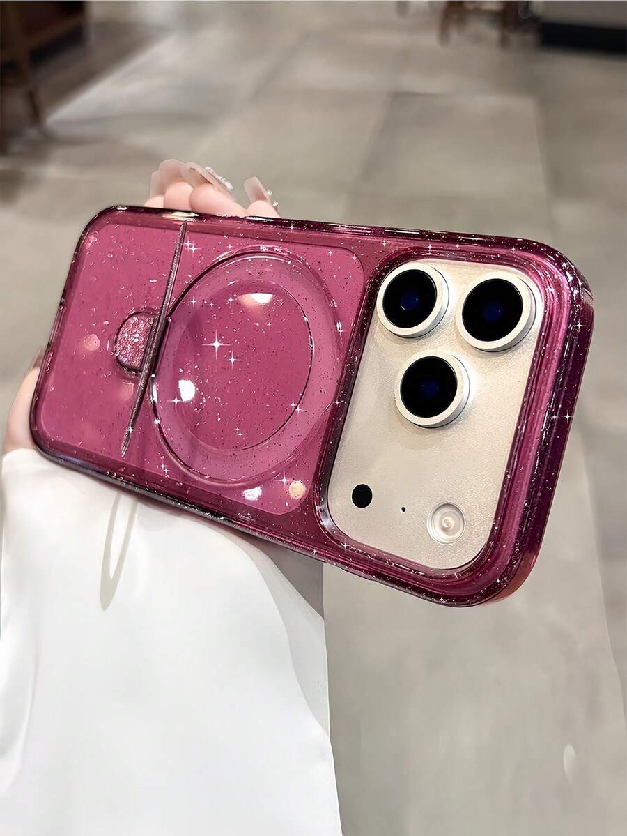 Luxury Cherry Red Sparkling Glitter Clear Magnetic Bracket Phone Case Compatible With IPhone 18Pro Max 17 Pro Max 17 Pro 17 16 Pro Max 16 Pro 16 15 Pro Max 15 Pro 15 14 Pro Max 14 Pro 14 13 Pro Max 13 Pro 13 Minimalist Transparent Shockproof Bumper Back Cover ﻿ - Cherry Red - View 1