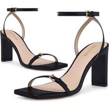 Strappy Women High Heels: 3.4 Inch Sexy Wide Heel Sandals, Square Open Toe Heeled, Comfortable Prom Party Wedding Shoes - 8 + Black - View 5