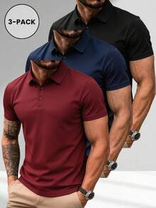 3件組男士夏季純色 Polo 衫－透氣商務休閒短袖領口通勤 T-shirt 上衣 - 彩色 - 查看 1