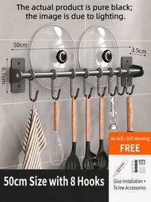 Drill-Free/Drillable Kitchen Hanging Hook Rack, Wall-Mounted Cookware Hanging Rack, Suitable For Pots, Spatulas And More, Space-Saving Kitchen Storage Organizer, Won't Damage Walls, Easy Installation, Saves Kitchen Space - Black - View 12