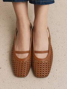 planare Sandal Wanita Model Baru Populer Musim Panas, Desain Minimalis Tenun Jaring Bernapas, Tali Belakang Model Slingback, Ujung Persegi, Tali Belakang, Warna Cokelat, Cocok untuk Perjalanan Sehari-hari - Coklat - View 5