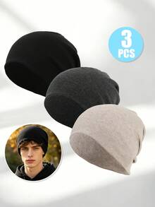 3PCS Autumn/Winter Solid Color Knitted Beanie Hat, Simple Basic Style Slouchy Hat, Breathable Knitted Headscarf Hat For Daily Commute, Cycling - 3Pcs - View 9