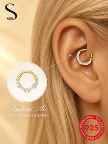 1pc S925 Sterling Silver Zirconia Ear Cuff Earring & Nose Ring, Fashion Jewelry For Women - Gold - View 2