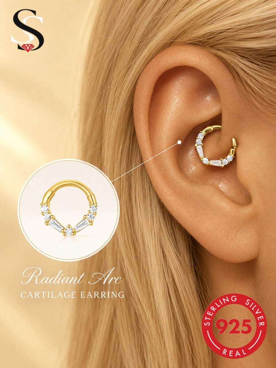1pc S925 Sterling Silver Zirconia Ear Cuff Earring & Nose Ring, Fashion Jewelry For Women