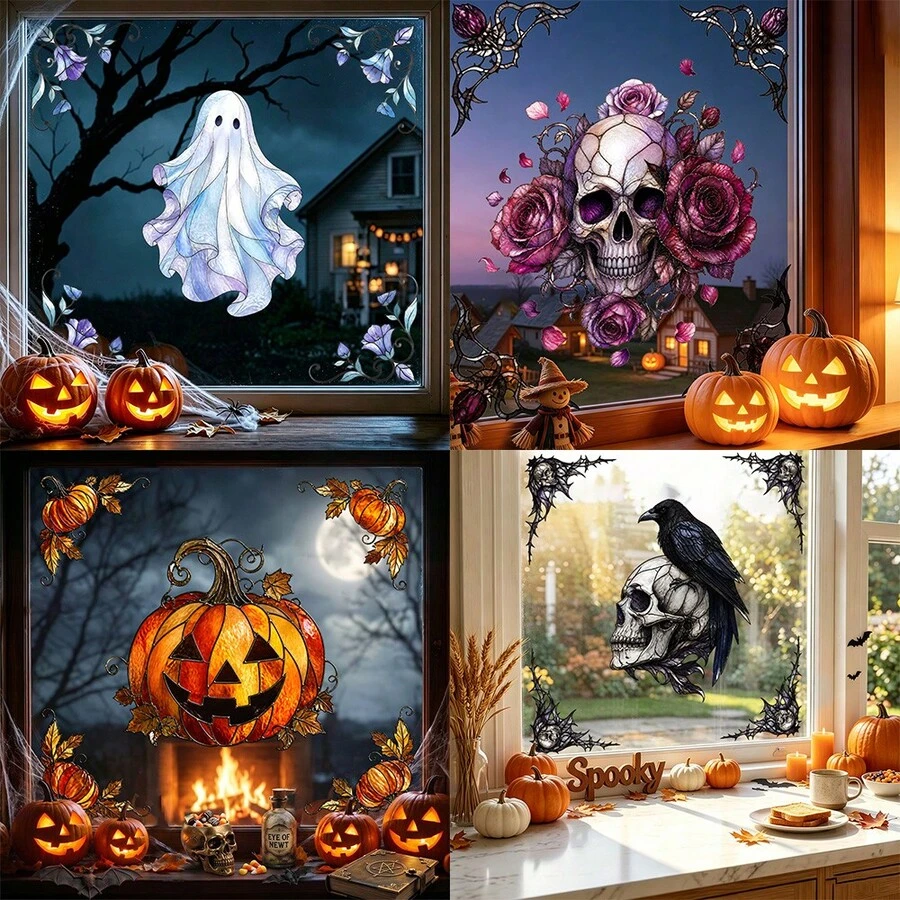 1pc Gothic-Style Halloween Window Sticker, Featuring Rose Skulls, Withered Trees, And Spider Webs Patterns. It Is Reusable And Suitable For Indoor Home Decoration, Store Windows, Autumn Horror-Themed Parties, And Window Decorations. - Multicolor - View 1